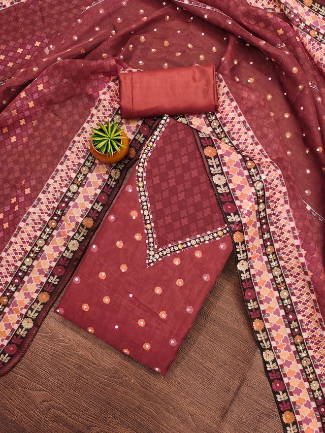 VARNI FABRICS Organza Dress Material for Women Dotted Pattern Unstitched Woman Salwar Suit Dress Material With Organza Dupatta White