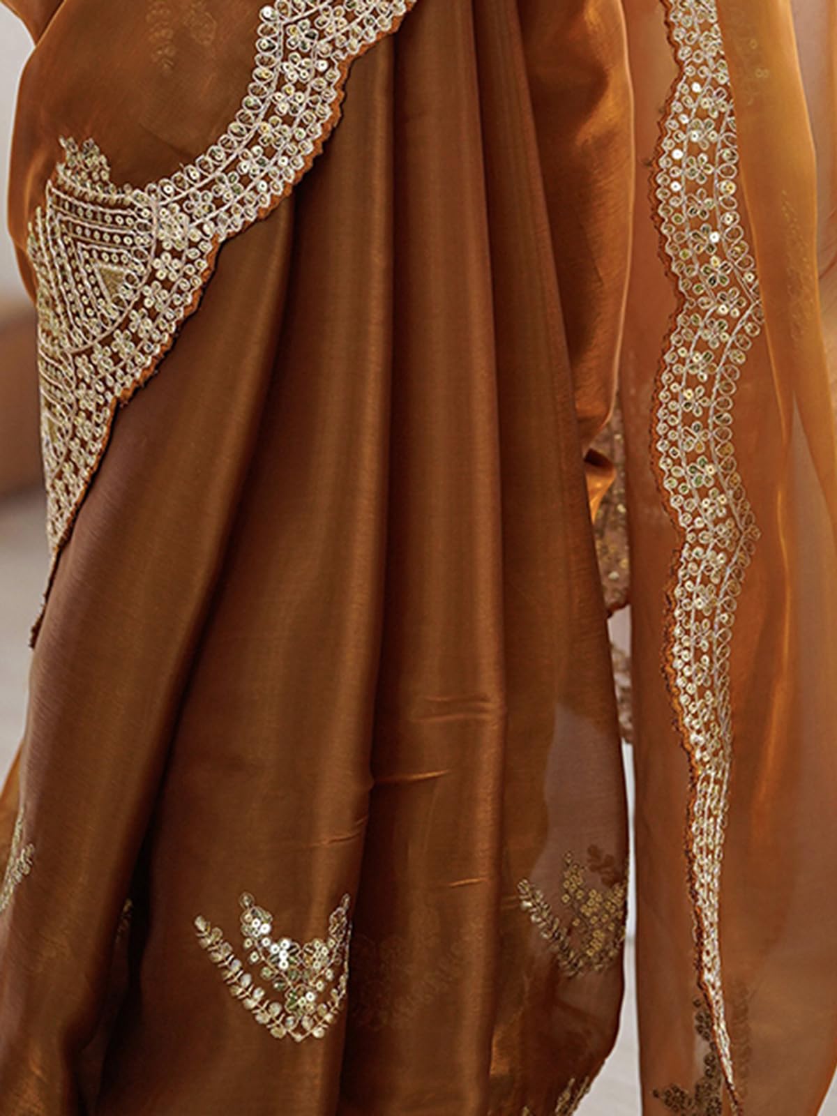 Satrani Women's Tissue Silk Scalloped Border Sequins Embroidery Saree with Unstitched Blouse Piece (4218S6642N_Copper5)