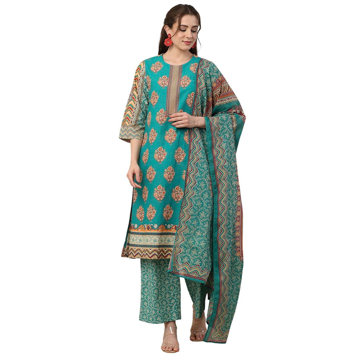 Biba Women Green Cotton Straight Suit Set_34