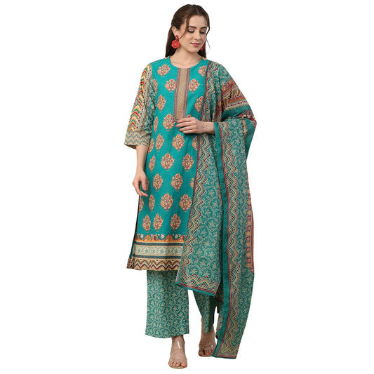 Biba Women Green Cotton Straight Suit Set_38