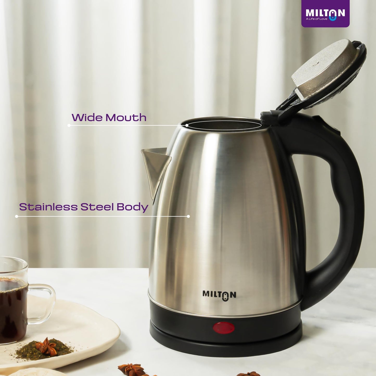 Milton Rapid Electric Kettle 1.8L | 1500 Watts | Stainless Steel Hot Water portable Electric Kettle for Home, Office | Auto Cut-Off with Wide Mouth | Cool-touch Handle and Single-Touch Lid Lock