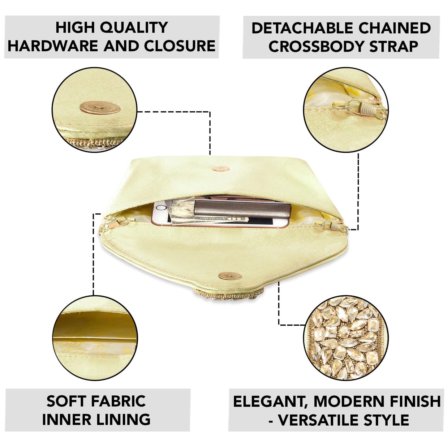 Peora Clutch Women's Purse Bridal Bag For Casual Detachable Strap Evening Sling Bag (Golden)