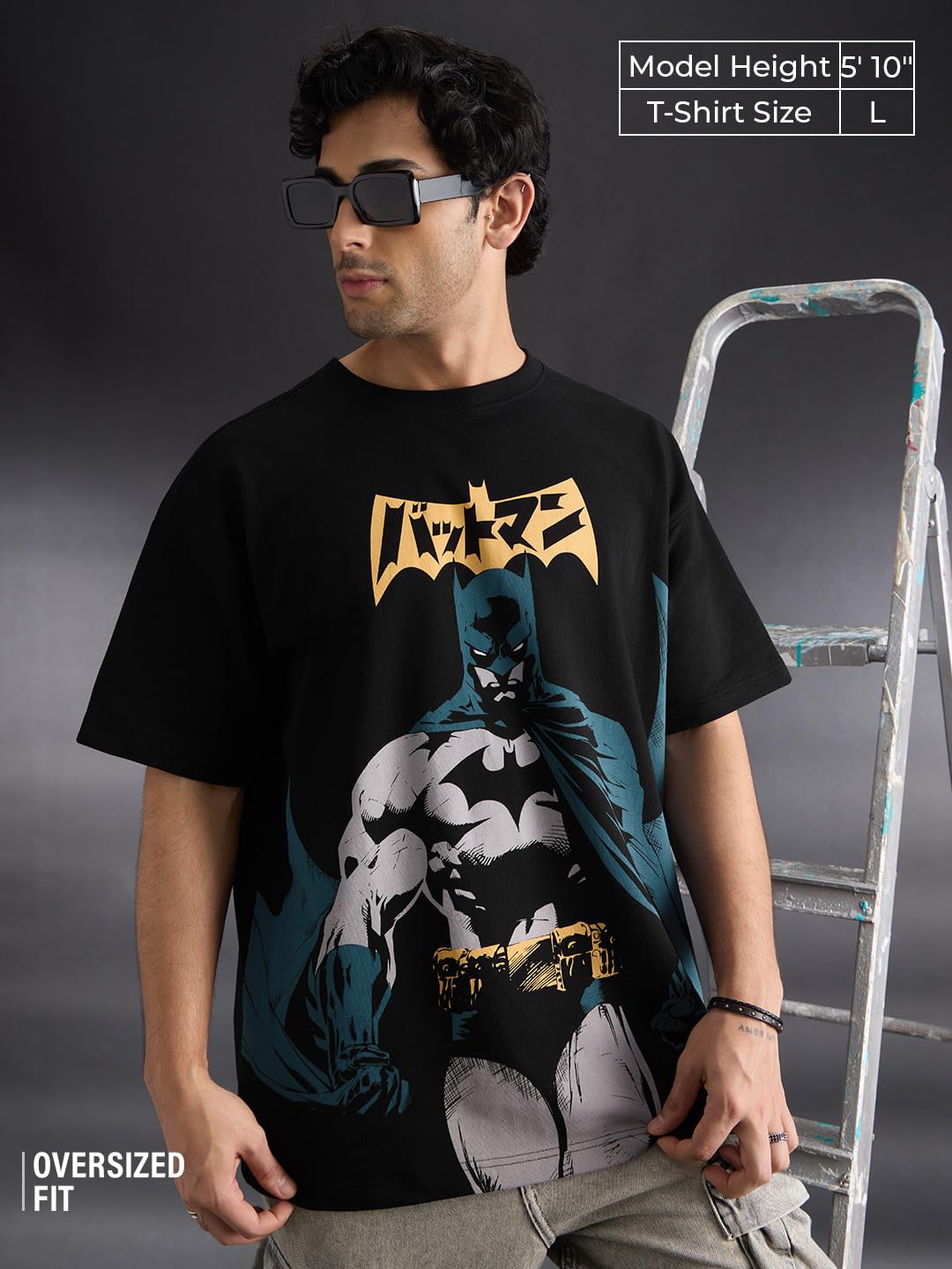 The Souled Store Batman: Manga Men and Boys Short Sleeves Round Neck Black Graphic Printed Breathable Drop Shoulder Casual Streetwear Oversized T-Shirt