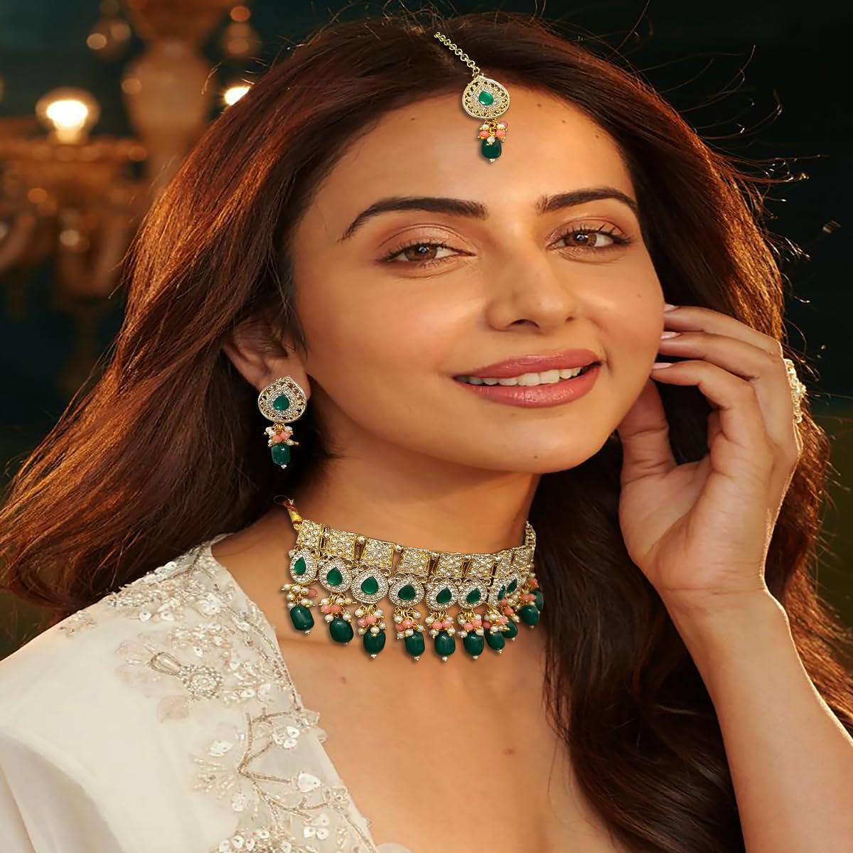 ACCESSHER Gold Tone Sapphire Diamond, AD & Pearls Detail, Manngtikka & Earring Set With a Pair of Transparent Earring supporter sticker & Maangtikka Supporter Patch