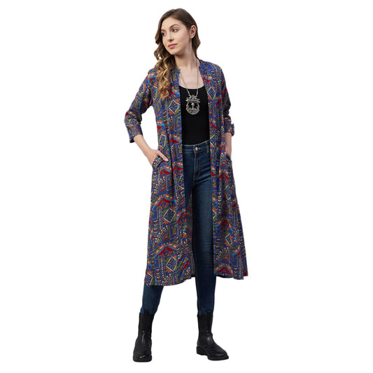 Azira Rayon Front Open Longline Printed Shrug For Women And Girl Red