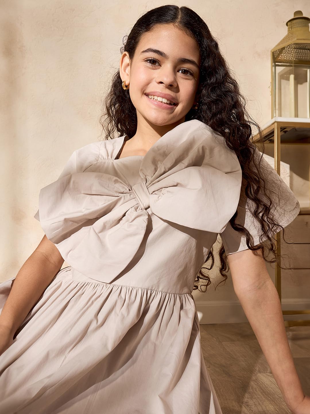 Max Girl's Cotton A-Line Midi Dress (B25KGOFSDR563_Cream