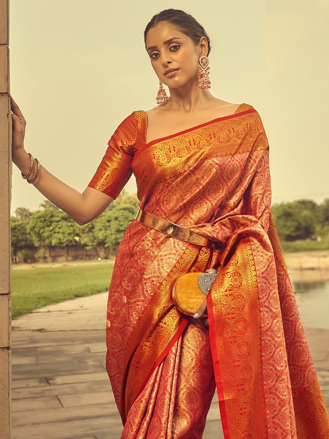 AKHILAM Women's Banarasi silk Ethnic Motif Printed Saree With Unstitched Blouse Piece(Peach_KINKHAB1205_RJ)