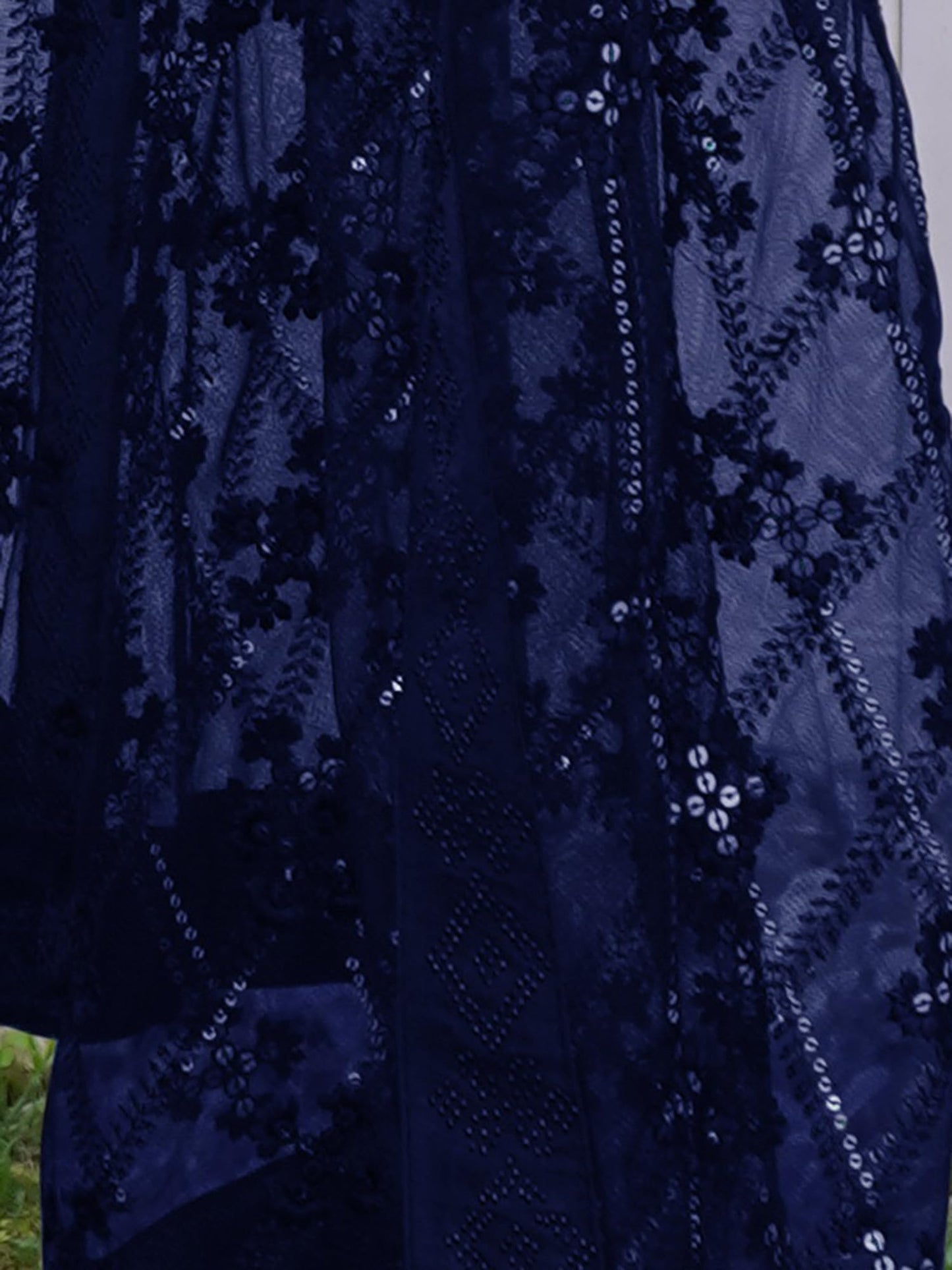 AKHILAM Women's Net Navy Blue Embellished Designer Saree With Blouse Piece (AAVYA603B_HV)