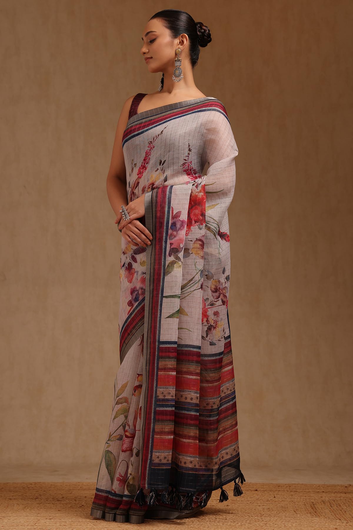 Soch Womens Off White Linen Botanical Print Saree