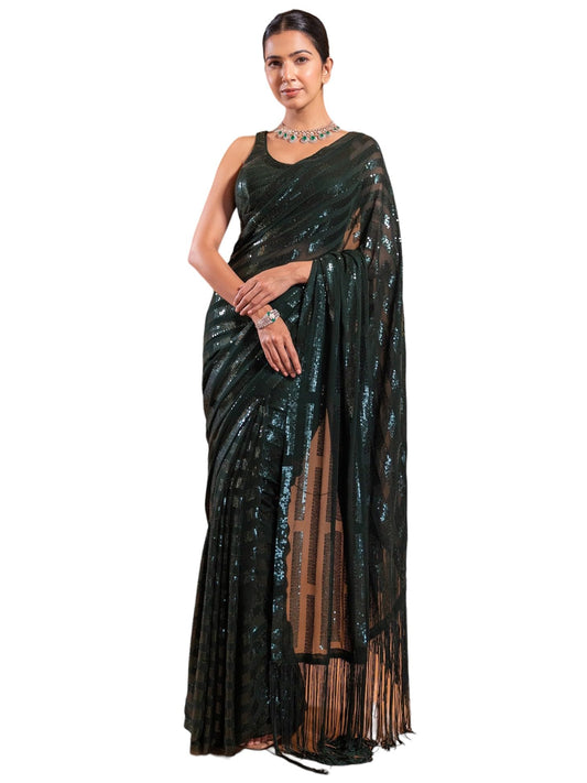 Zeel Clothing Women's Green Sequins Work Heavy Georgette Saree with Blouse (1023-Green-Sequins-Designer-Saree-Latest, Green)