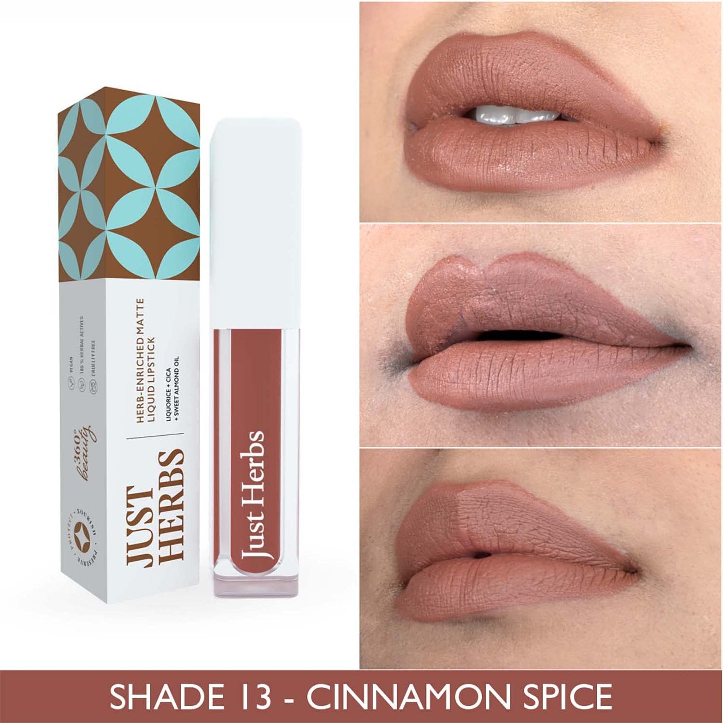 Just Herbs Ayurvedic Creamy Matte Long Lasting Liquid Lipstick, Lightweight & Hydrating Lip Colour with Liquorice & Sweet Almond Oil - Cinnamon Spice