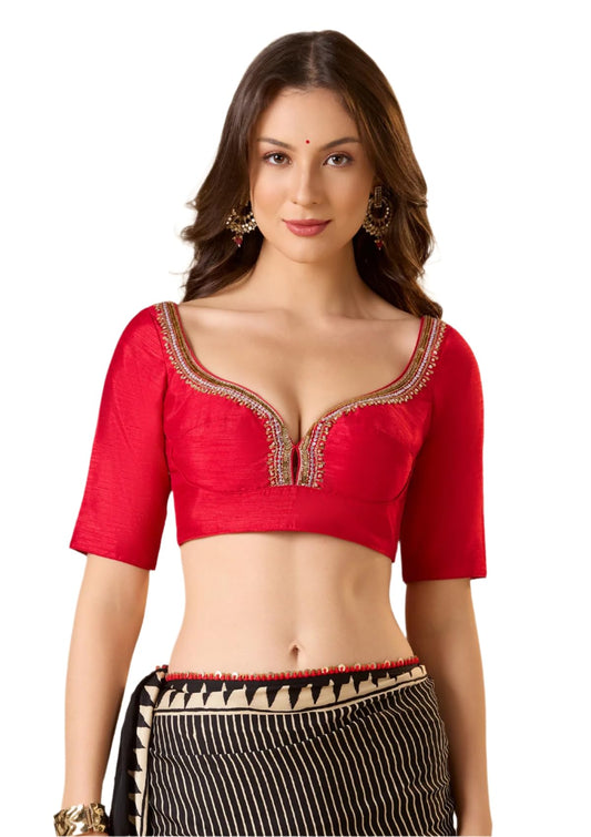S SALWAR STUDIO Red Raw Silk Sweetheart Neck Bridal Readymade Blouse