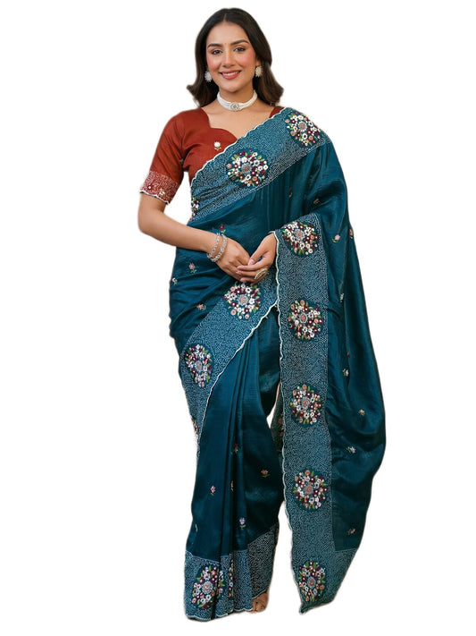 SIRIL Women's Crush Tissue Scalloped Border Embroidery Saree with Unstitched Blouse Piece (4978S231A_Teal Blue)