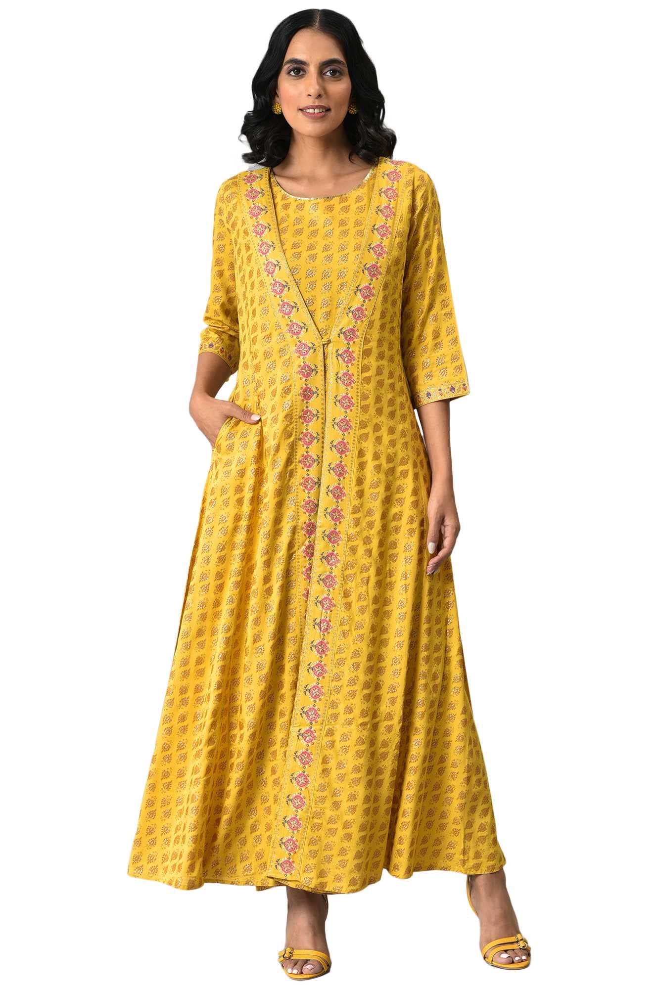 W for Woman Women's Yellow Glitter Printed Mock Layered Embellished Kimono Maxi Jumpsuit_22Auw18353-119801_3XL
