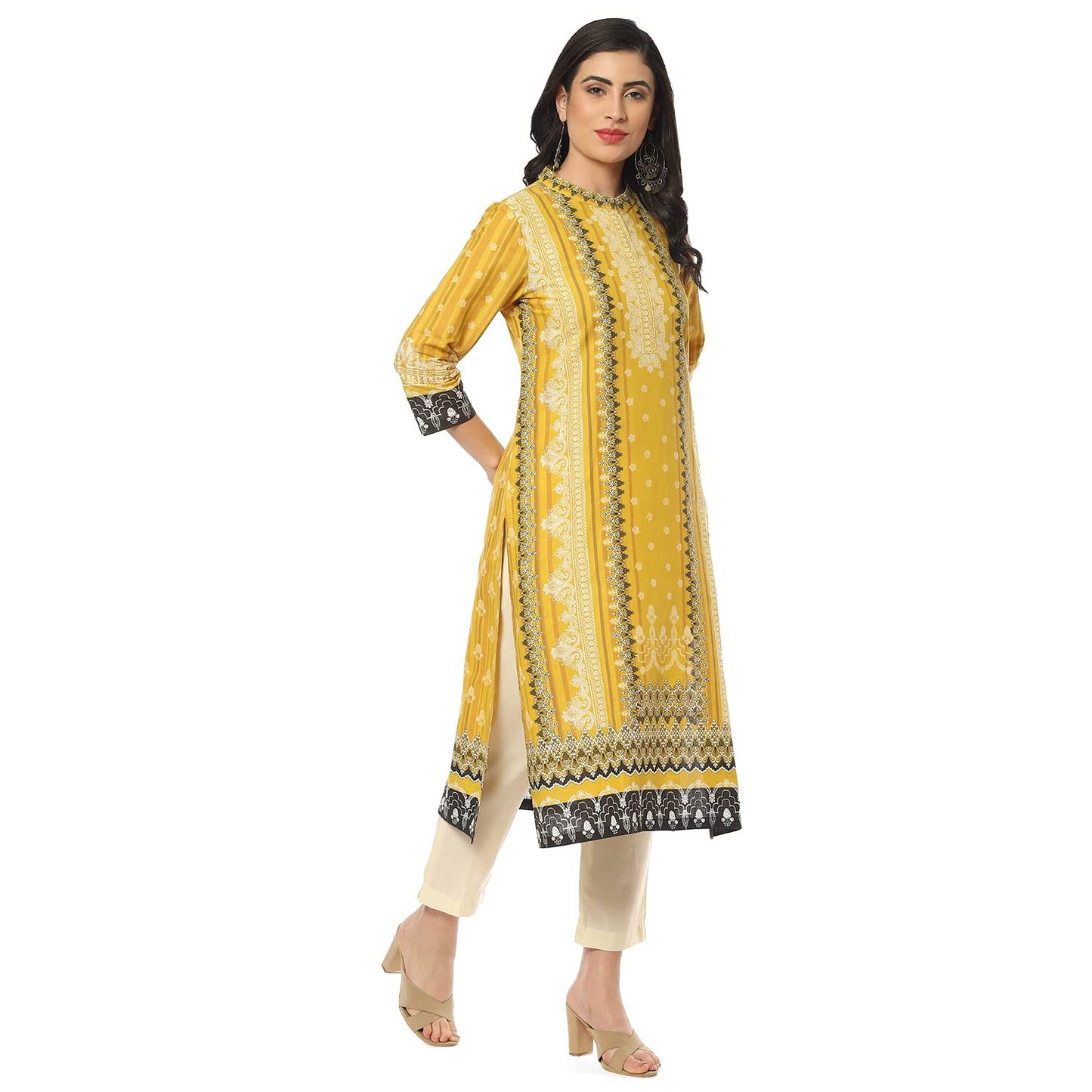 BIBA Women's Ochre Cotton Straight Printed Kurta