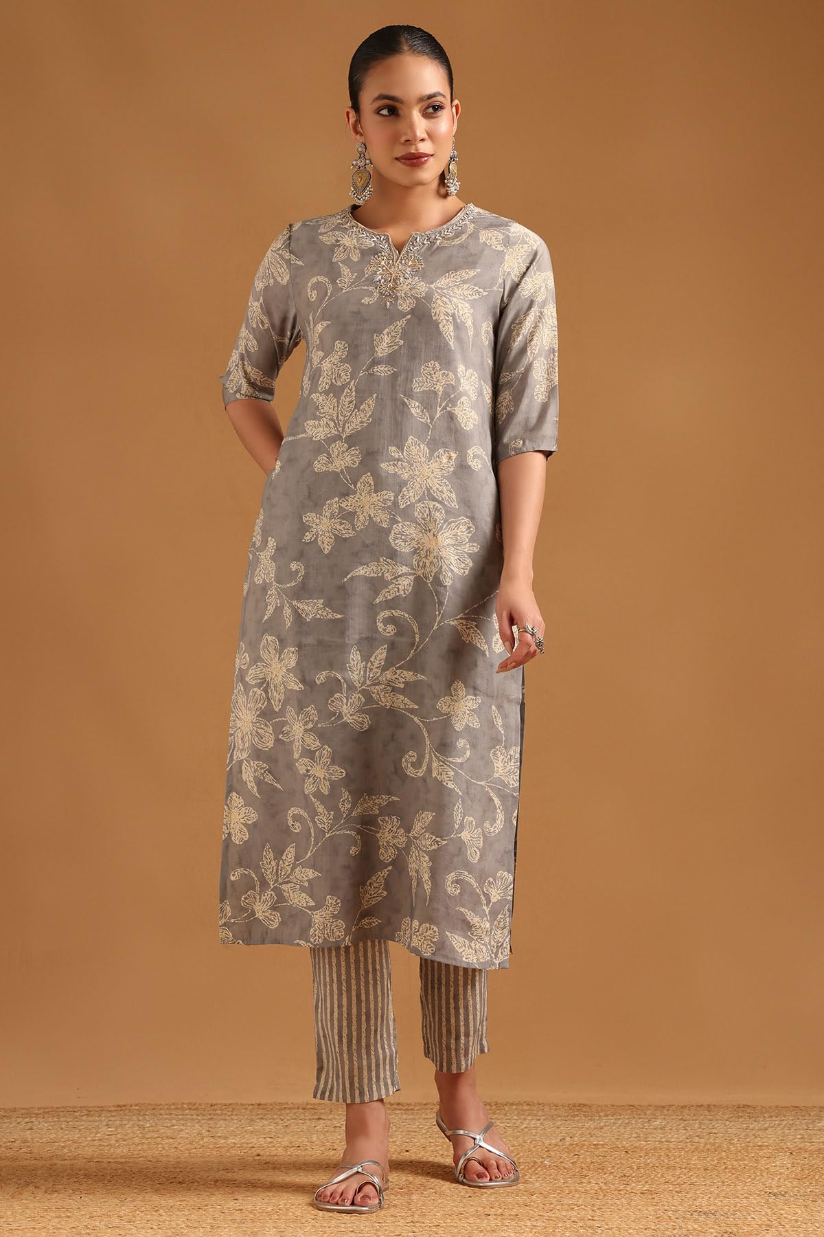 Soch Womens Grey Polyester Botanical Salwar Suit With Beads