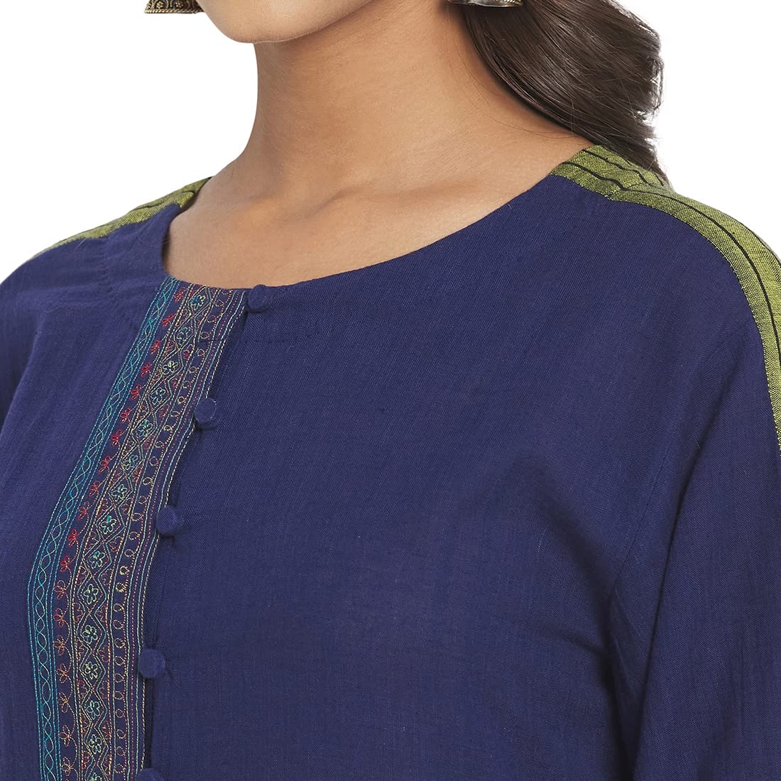 Fabindia Women Round Neck Placket Medium Kurta Cotton_L Navy Blue