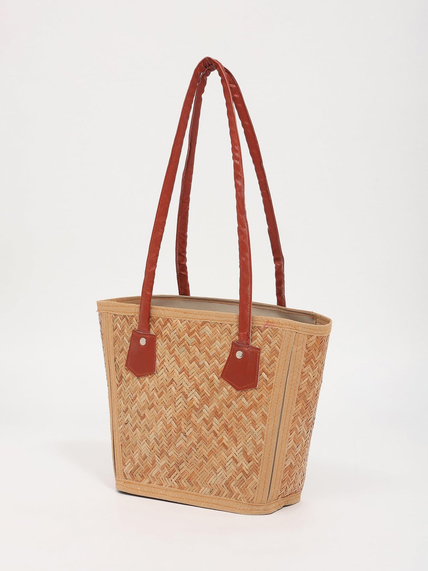 Exotic India Designer Bamboo Tote Hand-Woven Texture Eco-Conscious Summer Carryall and Versatile Casual Bag for Women's, Bruschetta, Medium
