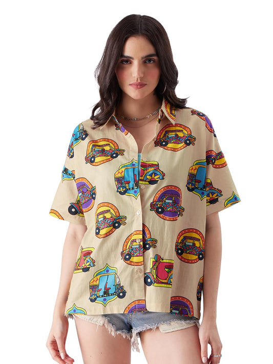 The Souled Store TSS Originals: Desi Paintwork Womens Loose Fit Graphic Printed Half Sleeve Cotton Pink Women Summer Shirts Shirts Casual Button-Down Half Sleeve Printed Graphic Short Sleeve Casual