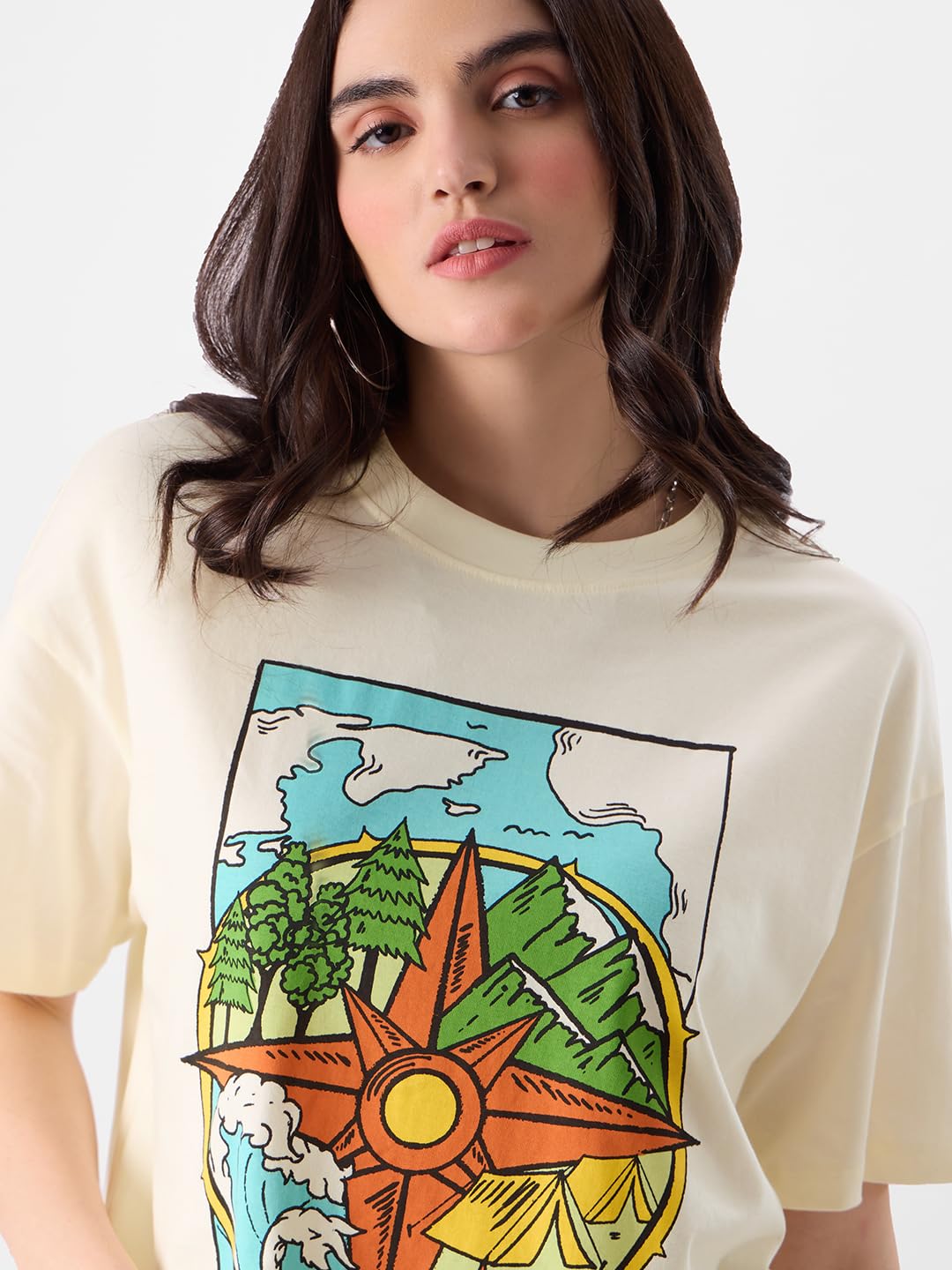 The Souled Store Women TSS Originals: The Wanderer Oversized T-Shirt Oversized T Shirts for Women T-Shirt Girls Cotton Casual Half Sleeves Baggy Loose Fit Drop Shoulder Round Neck Back Printed