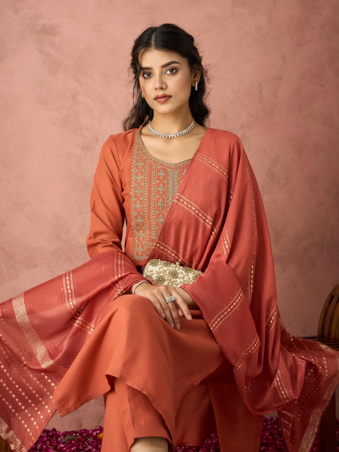 Hritika Rust Cotton Blend Embroidered Round Neck Kurta with Pant and Dupatta_HRKBD0220RUST_L