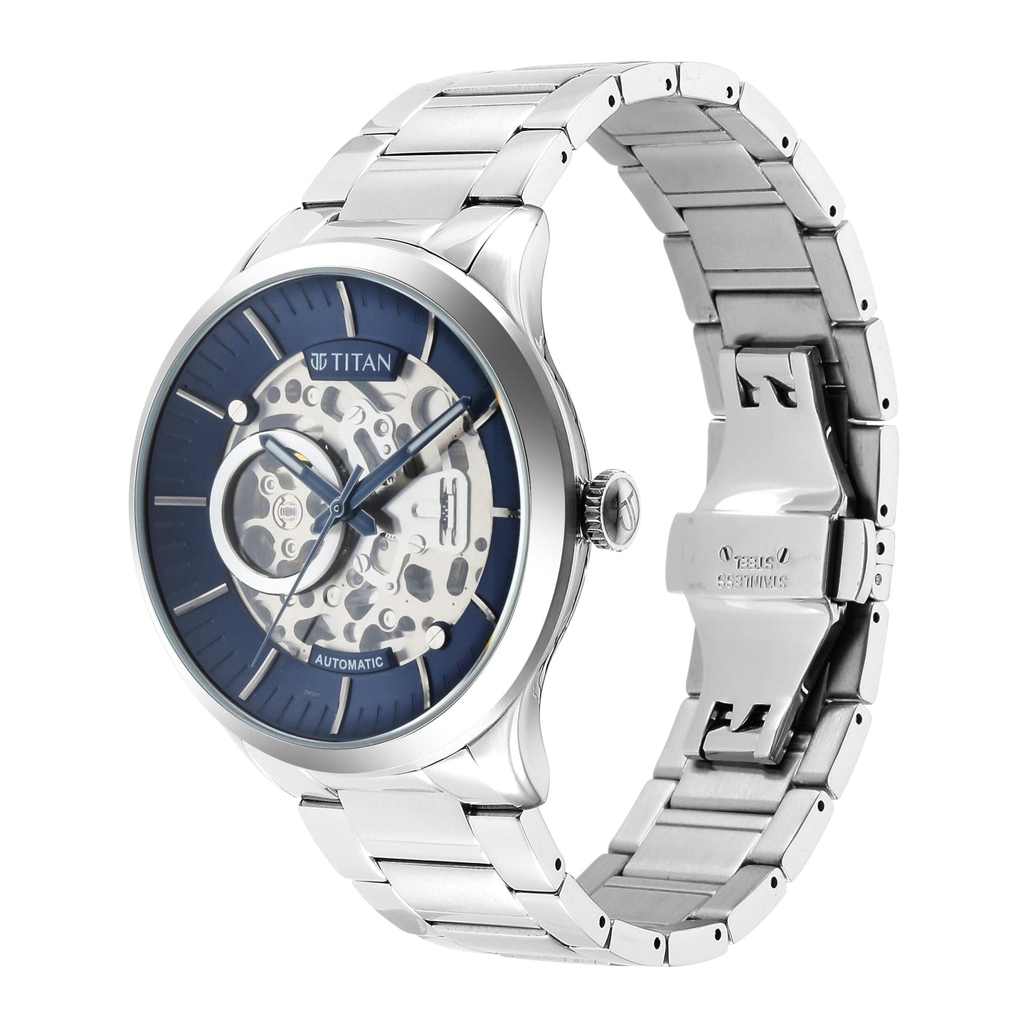 Titan Metal Mechanicals Automatic Midnight Blue Dial Silver Stainless Steel Strap Watch for Men - NT90140SM01