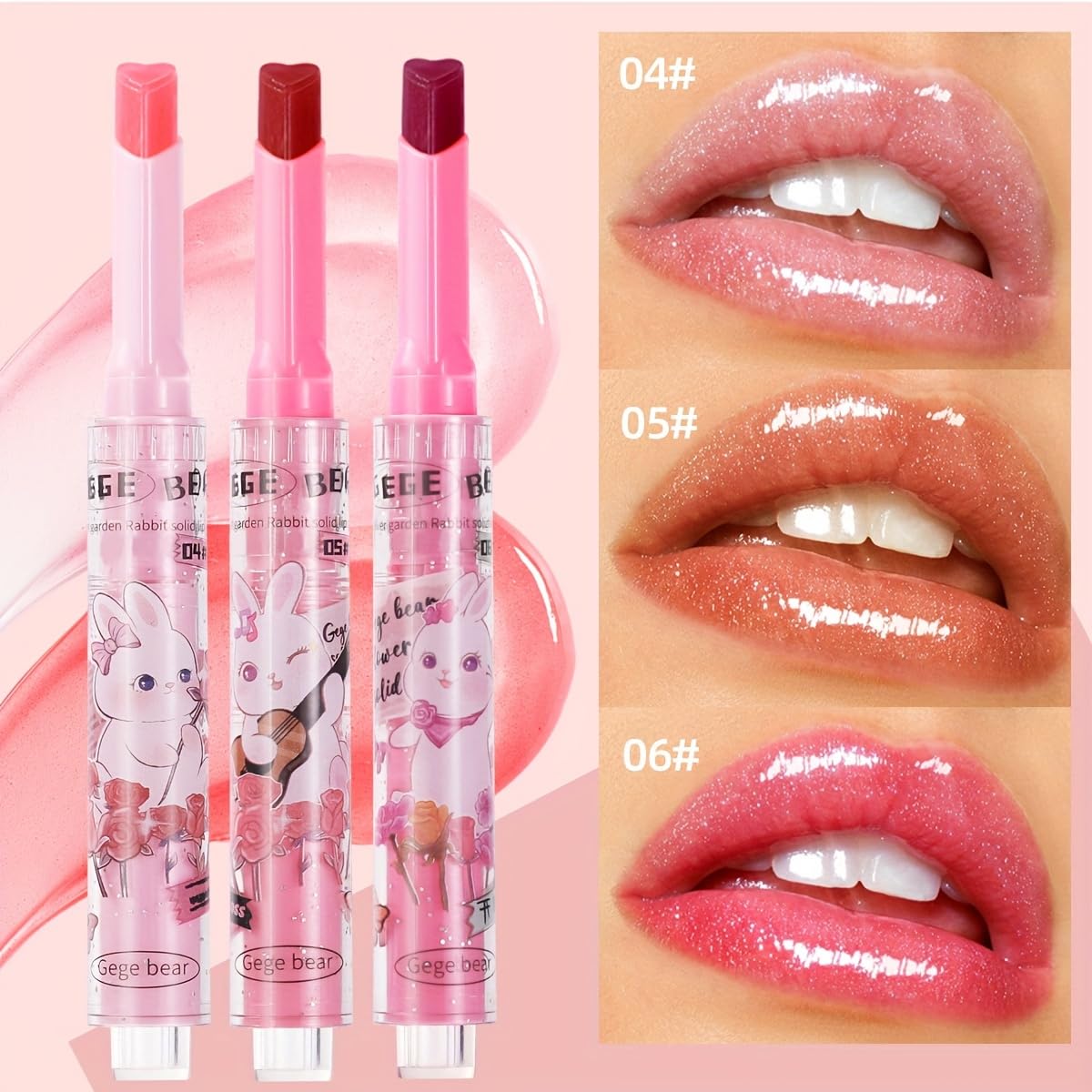Gege Bear Heart-Shaped Glossy Lipstick Set – 3 Vibrant Shades for Hydrated, Glossy Lips | Click-to-Dispense, Travel-Friendly Design (Set B - #4,#5,#6, Pack of 3)