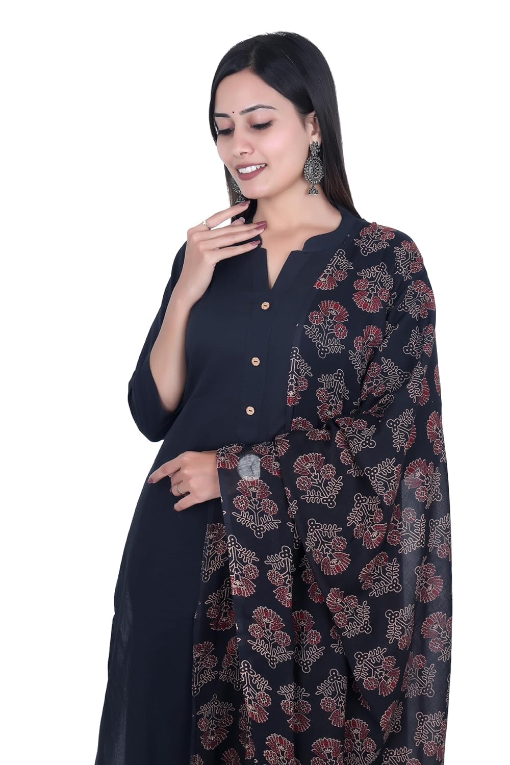 FABMOHA Women Pure Cotton Handblock Printed Full Length Ajrakh Dupatta (Maroon - Black)