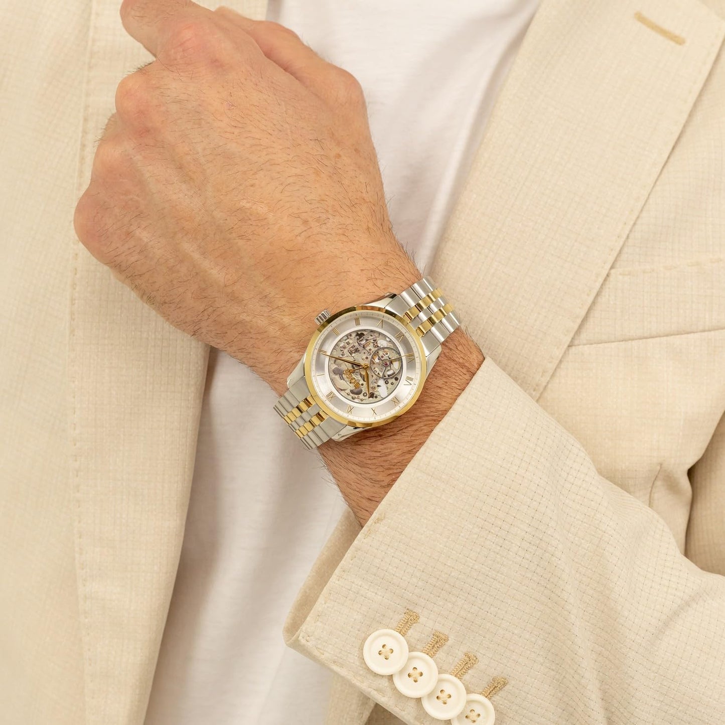 BOSS Principle Skeleton Mech-Automatic Silver White Round Dial Men's Watch|Two Tone Stainless Steel Material|Silver Color Band - 1514237