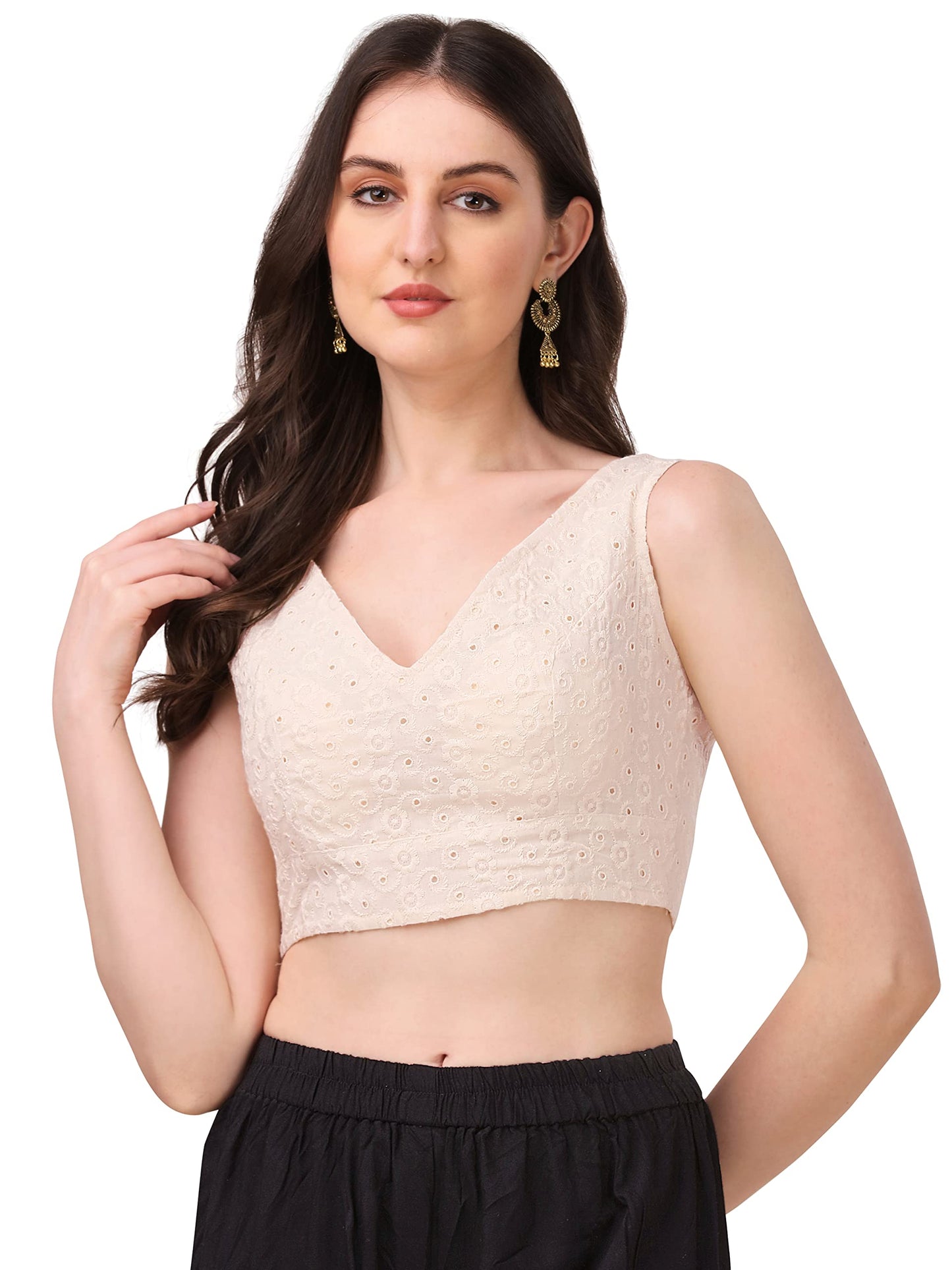 OOMPH! Women's Indian Ethnic Wear Designer Leaf Pattern V Neck Sleeveless Cotton Off-White Blouse for Saree or Lehnga and BlousePalazzos or Skirts for a Fusion Twist.