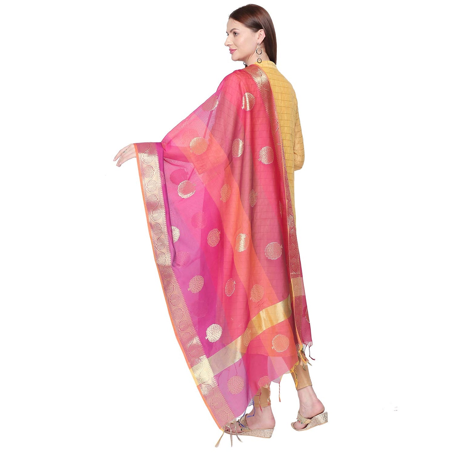 DUPATTA BAZAAR Woman's Woven Pink & Gold Shaded Banarasi Silk Dupatta