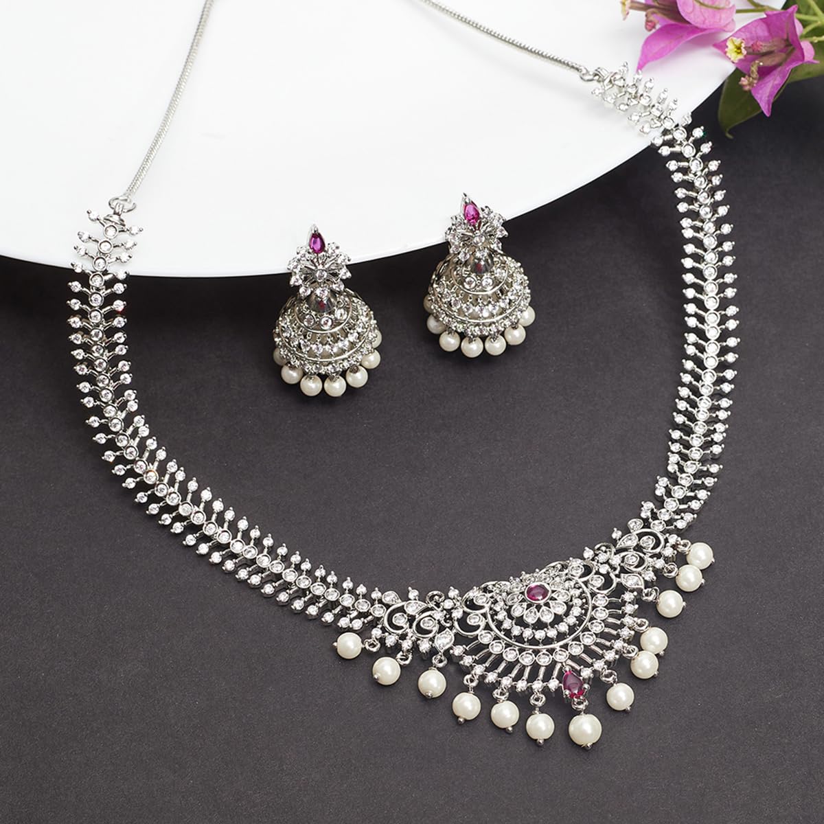 VOYLLA Cz Elegance Silver Plated Brass Necklace Set For Women|Womens Jewellery Set|Gift For Women|Womens Gift|Gift For Her|