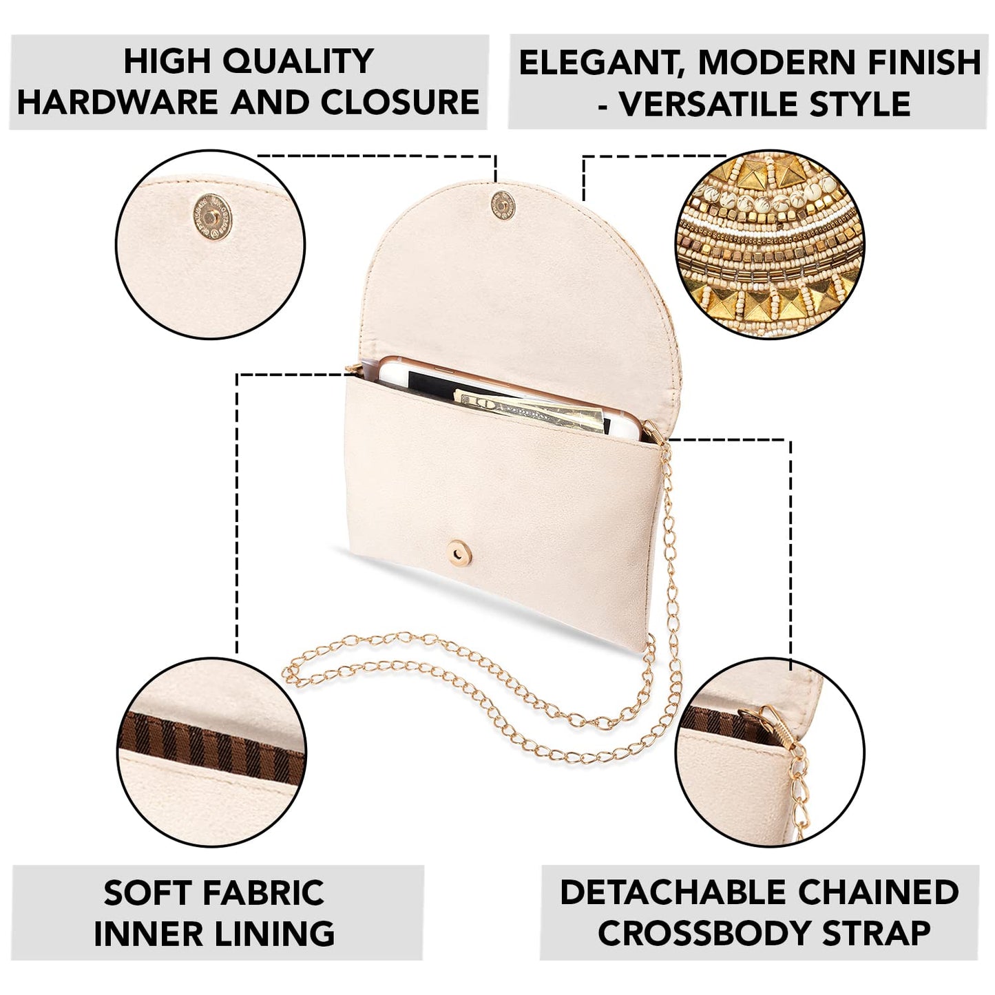 Peora Clutch Purses for Women Wedding Handmade Evening Handbags Party Bridal Clutch (C12CRM) Cream