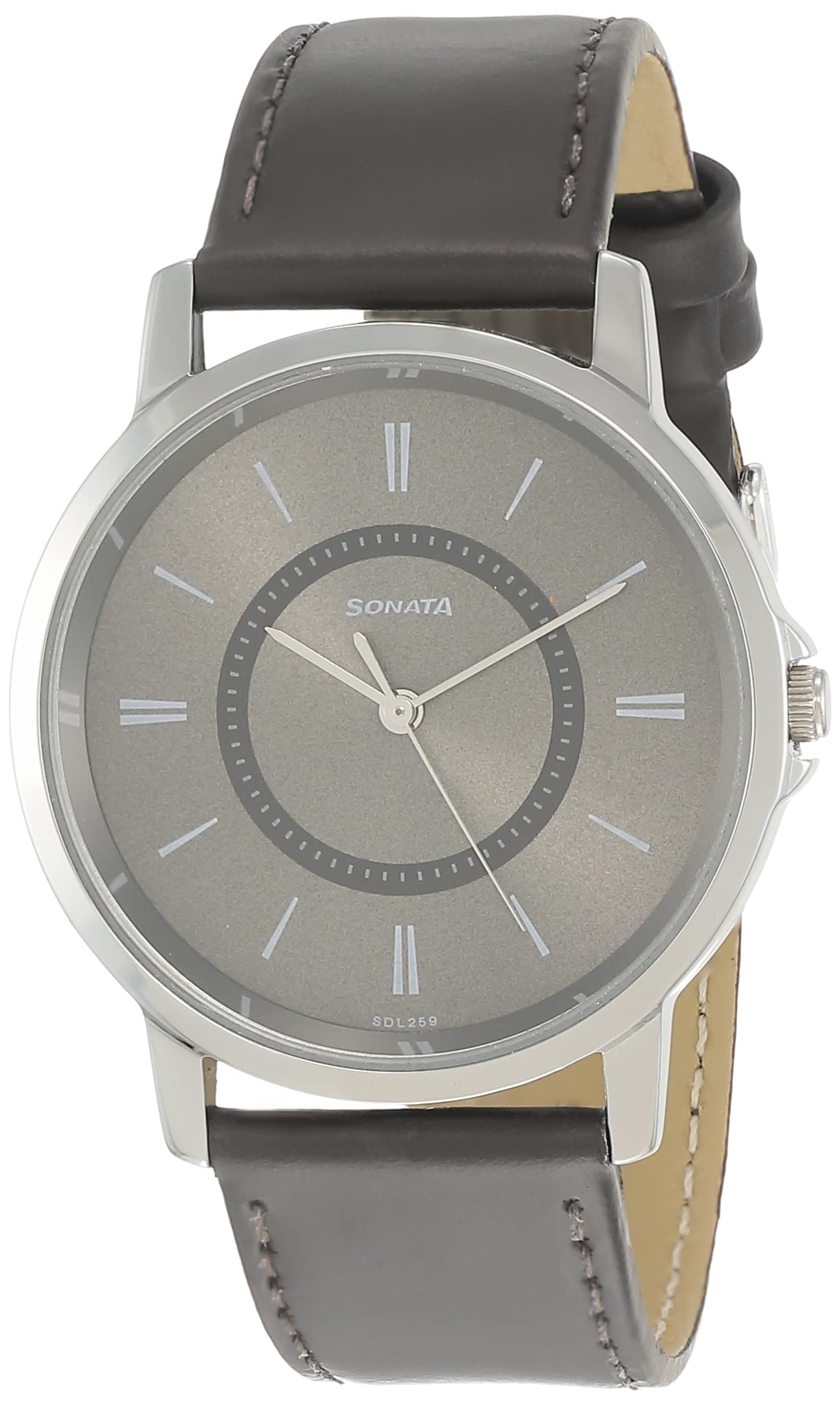 Sonata Quartz Analog Grey Dial Leather Strap Watch for Men-NS77083SL06W/NT77083SL06W