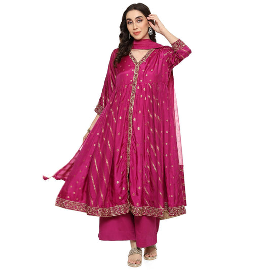 BIBA Women Viscose Anarkali Suit Set(SKDTHE GOLD8966_Magenta_L) (SKDTHEGOLD8966AW23MGT