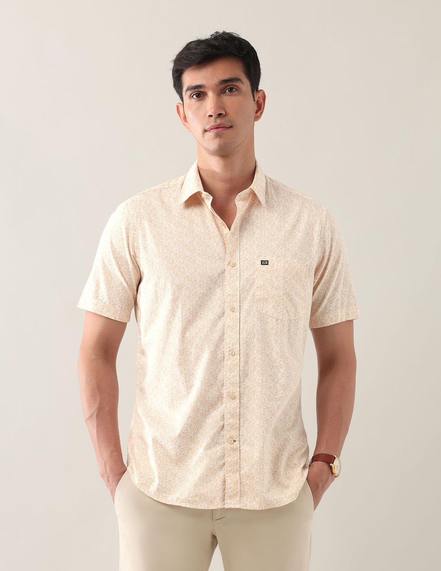 Arrow Sport Men's Leaves Regular Fit Shirt (ASAJSH1656_Light Yellow