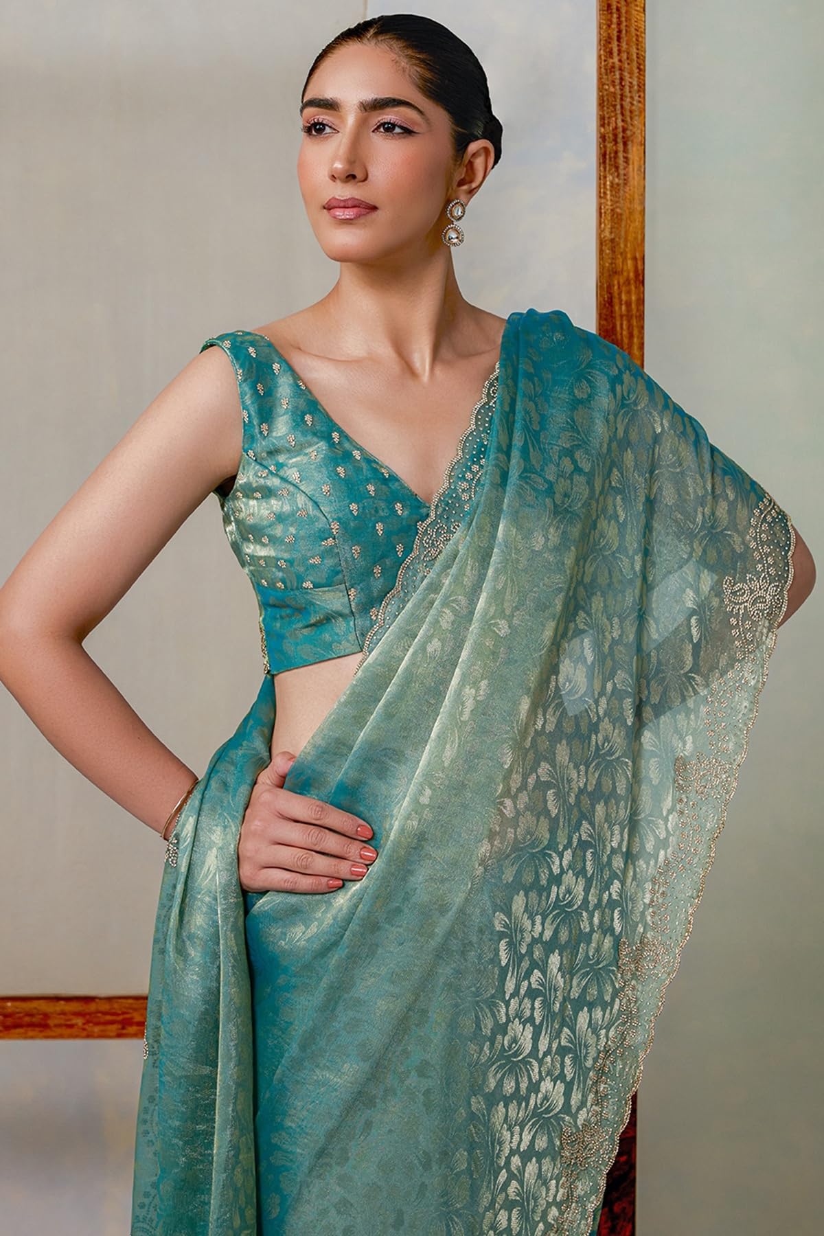 Soch Womens Teal Blue Fendy Chiffon Woven Design Saree With Stone Work