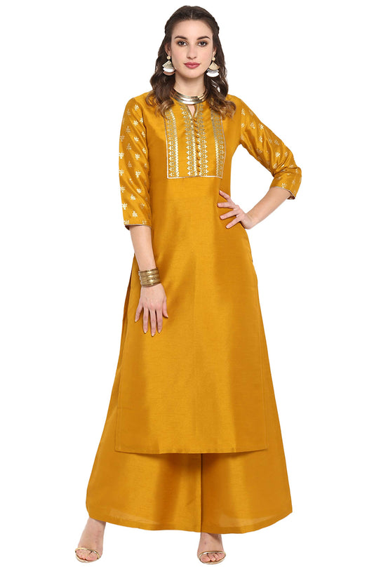 Janasya Women's Mustard Silk Blend Foil Printed Kurta with Palazzo(J0003-SET-XL)