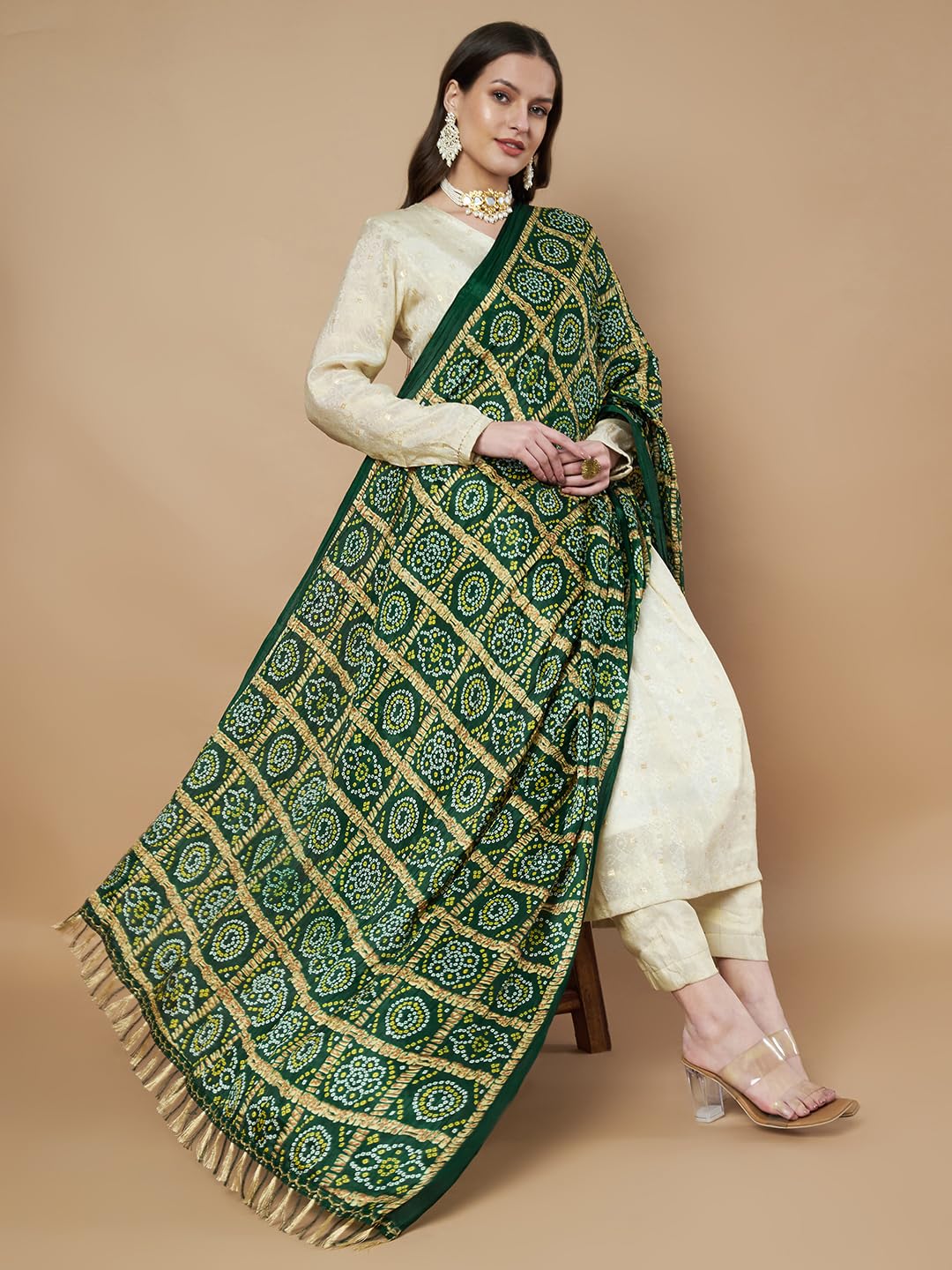 AKSHADEEP Women's Bandhani & Patola Printed Dupatta - Traditional Art Silk Dupattas Chunnis (Green), 2.20 Meters