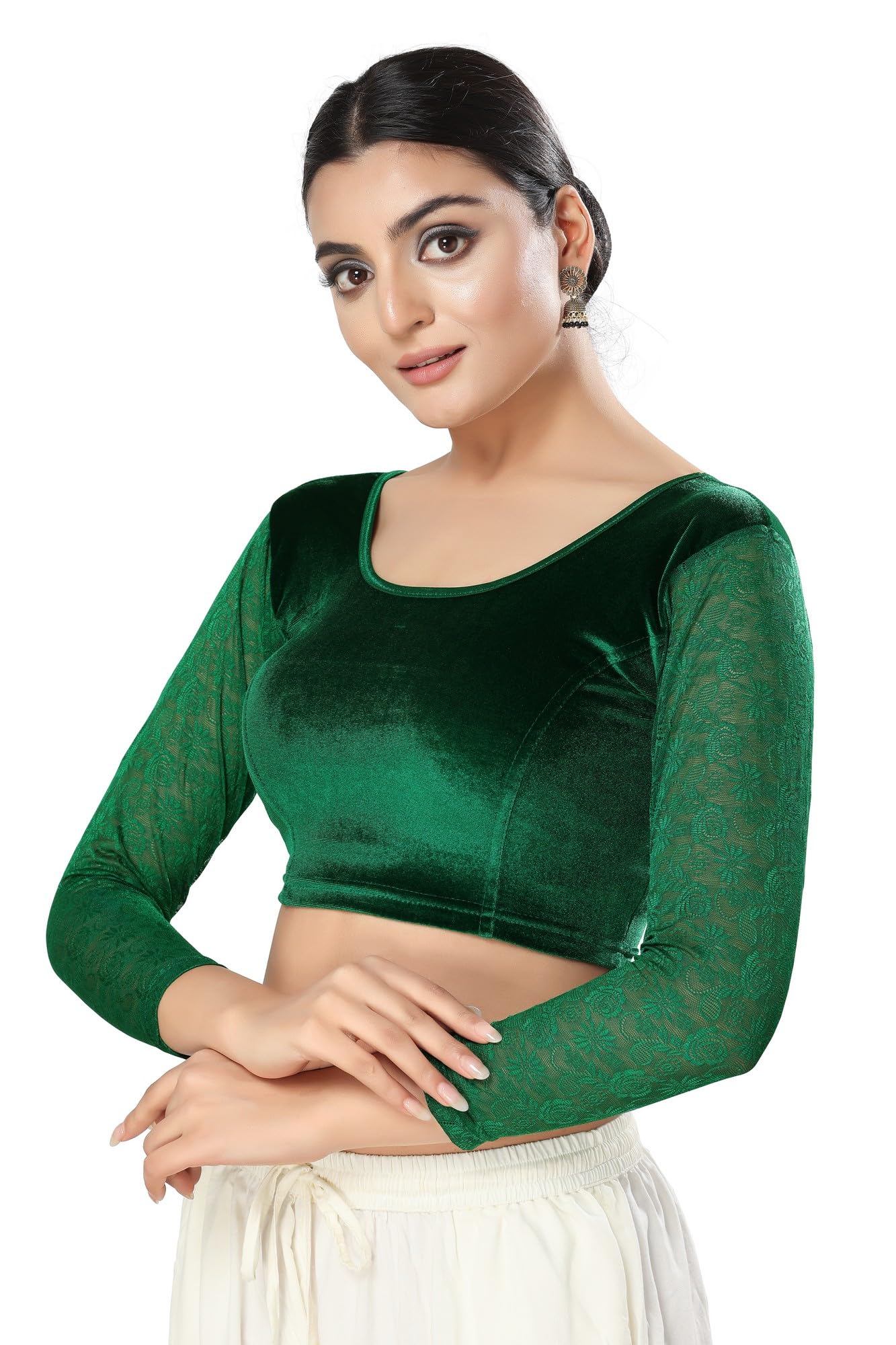 Vamas Women's Velvet Non-Padded Stretchable Long Sleeve Saree Blouse (A-46_Green_XXL)