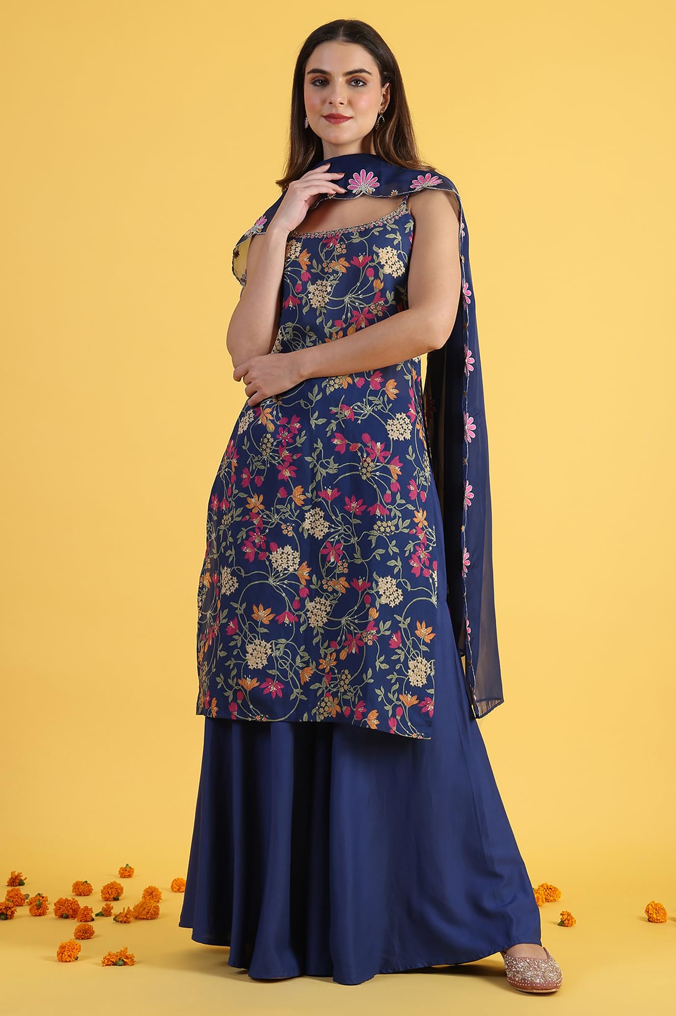 W for Woman Blue Printed Metallic Embroidery Straight Kurta & Sharara with Dupatta Set (Size: XL)-24AUWS11785-124320