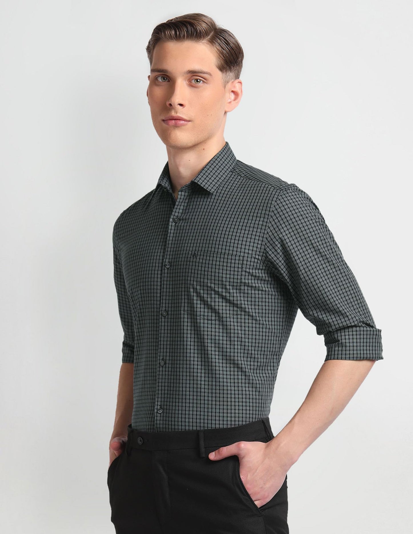 Arrow Men's Grey Checked - Cutaway Collar Full Sleeves Formal Shirt with Chest Pocket | Cotton Fabric | Slim Fit