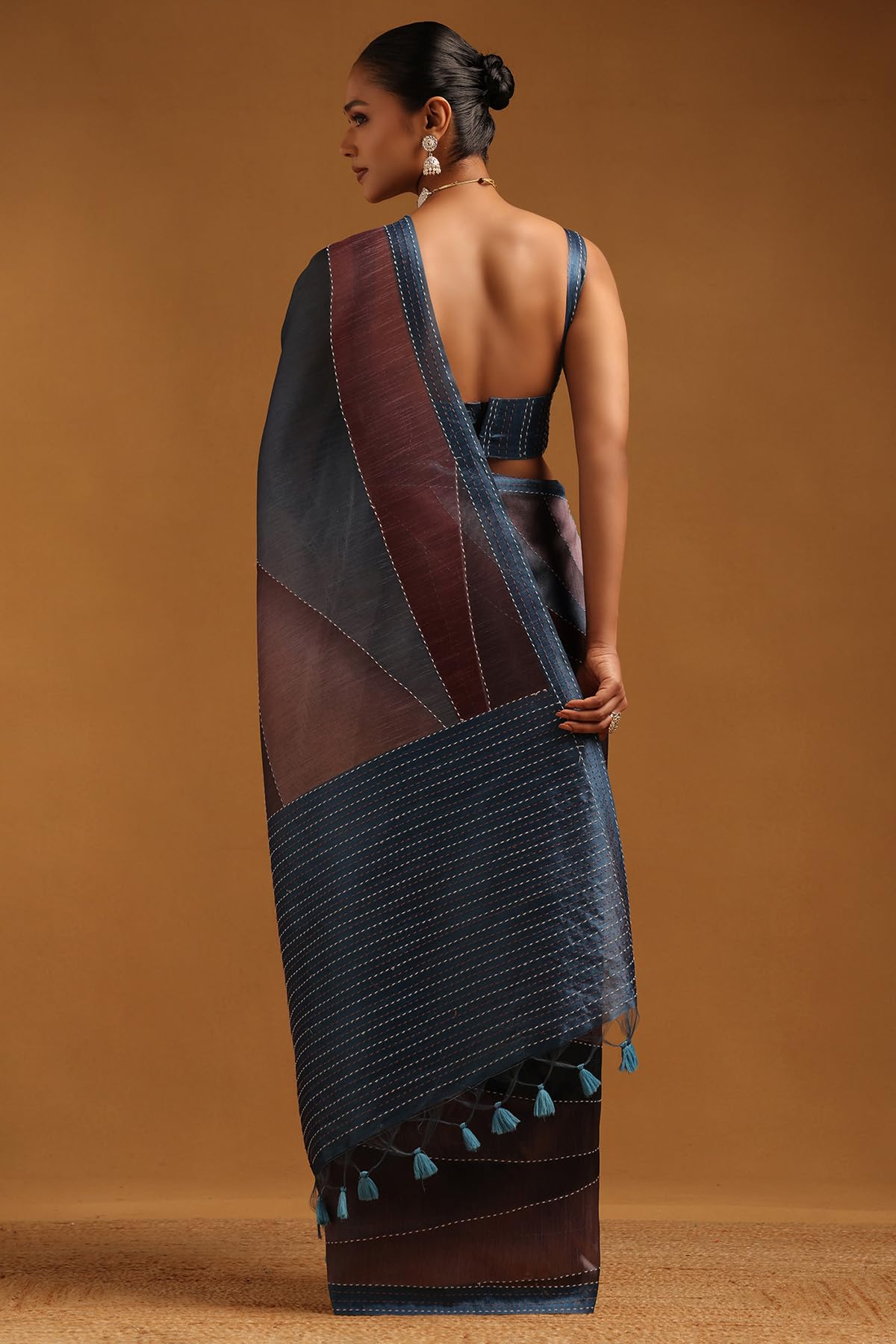 Soch Womens Blue Tussar Abstract Saree With Thread Work