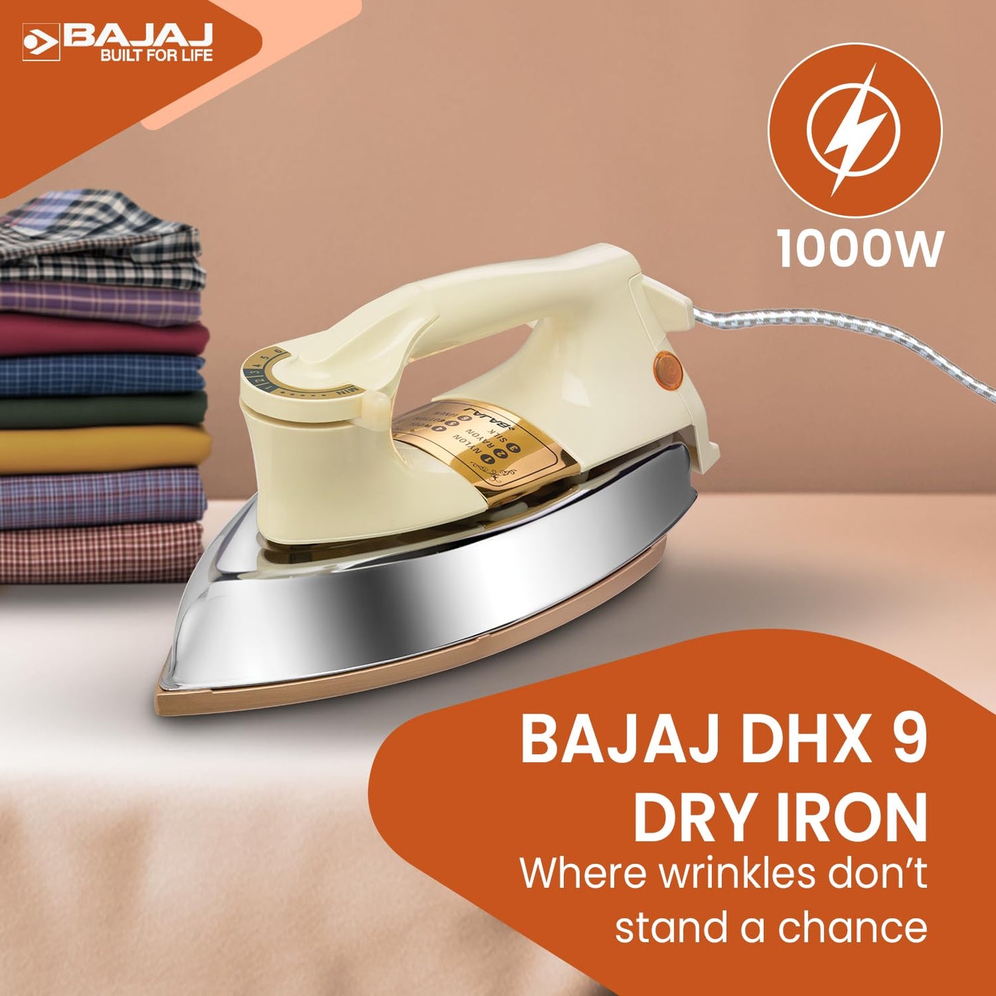 Bajaj DHX-9 1000W Heavy Weight Dry Iron | Advance Soleplate And Anti-Bacterial German Coating Technology | Multiple Temperature Levels | 2 Yr Warranty 【Ivory】