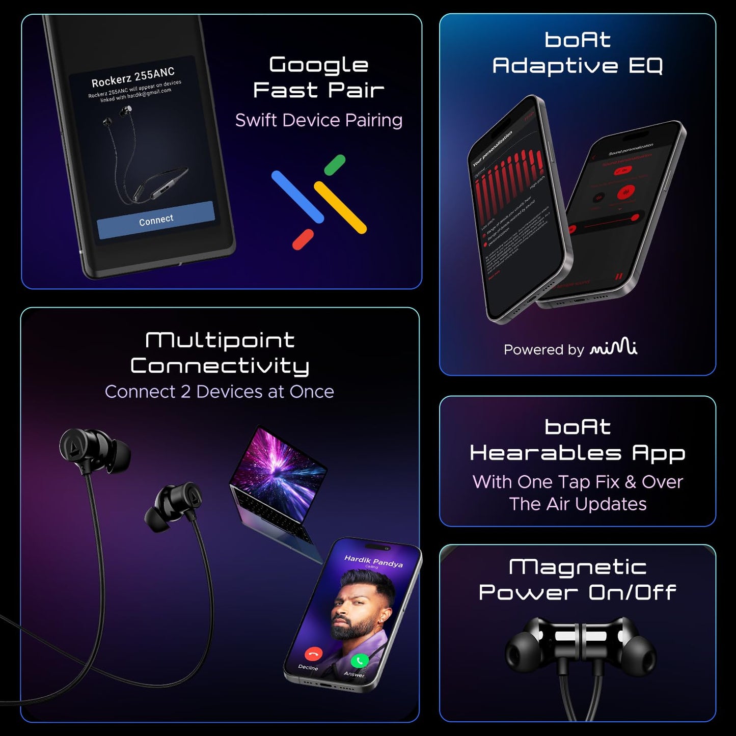 boAt Rockerz 255 ANC, 100Hrs Battery,Spatial Audio, ANC (~32dB), Fast Charge(10Mins=24HRS),3Mics AIENx,13mm Drivers, Bluetooth in Ear Neckband, Wireless with Mic Earphones (Raven Black)