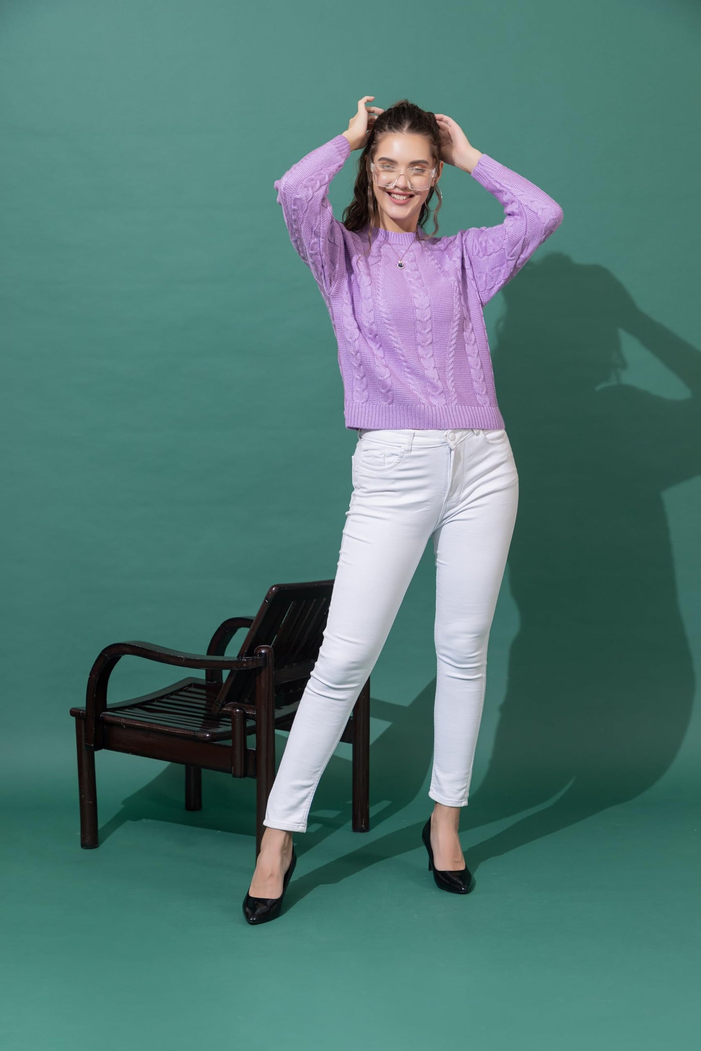 Wear lusso Women Sweater for Winter Woolen Full Sleeves Round Neck Cable Design Stylish Sweater for Winter Season (in, Alpha, L, Lavender)