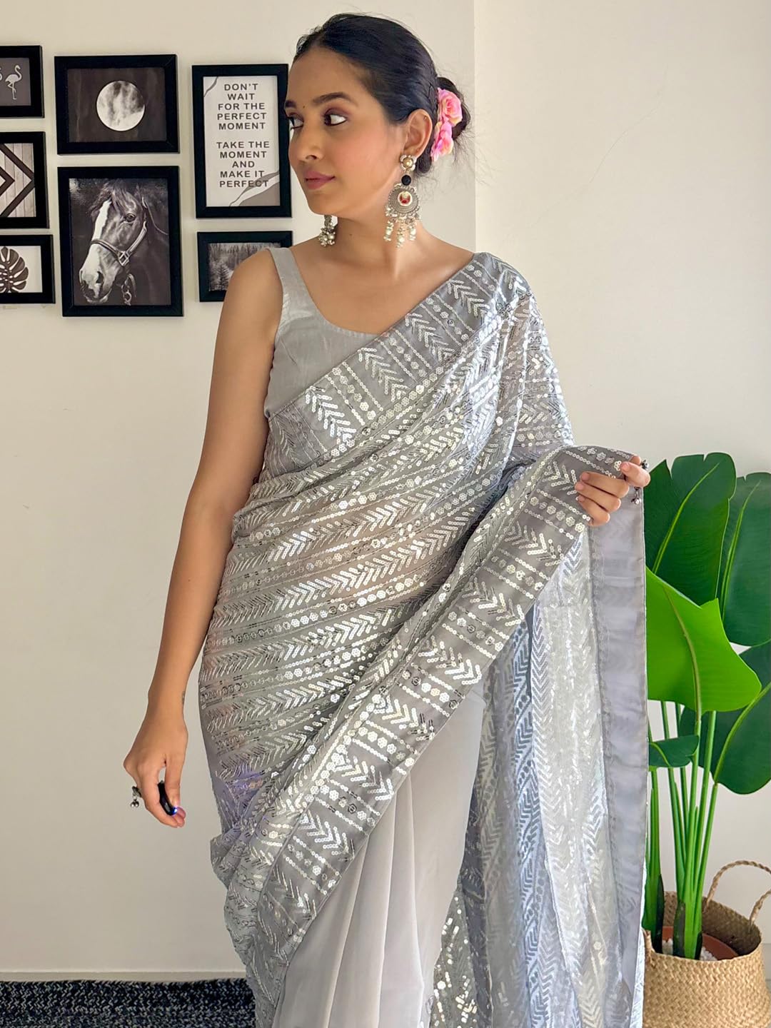 AKHILAM Women's Grey Georgette Sequins Embellished Saree with Unstitched Blouse Piece (KESARI5101_KR)