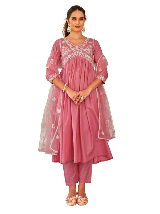 Womanista Women's Cotton Thread Alia Cut Flared Kurta With Pant And Dupatta (Kurtaset_1319_Xl)