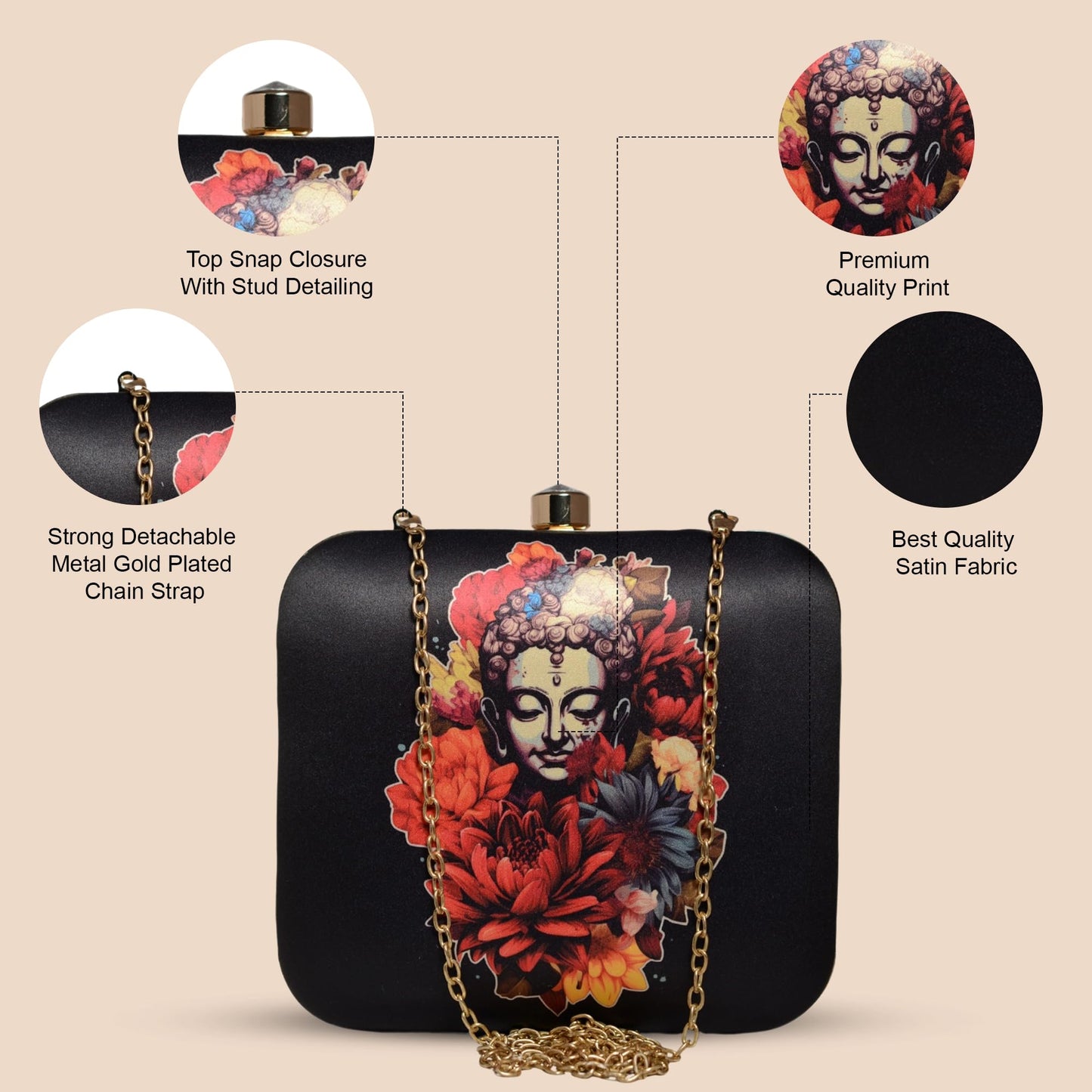 Artklim Black Buddha & Flowers Print Clutch Handbag for Women & Girls - Handcrafted Box Statement Sling Bag - Fashionable Evening Purse - Gift for Mother
