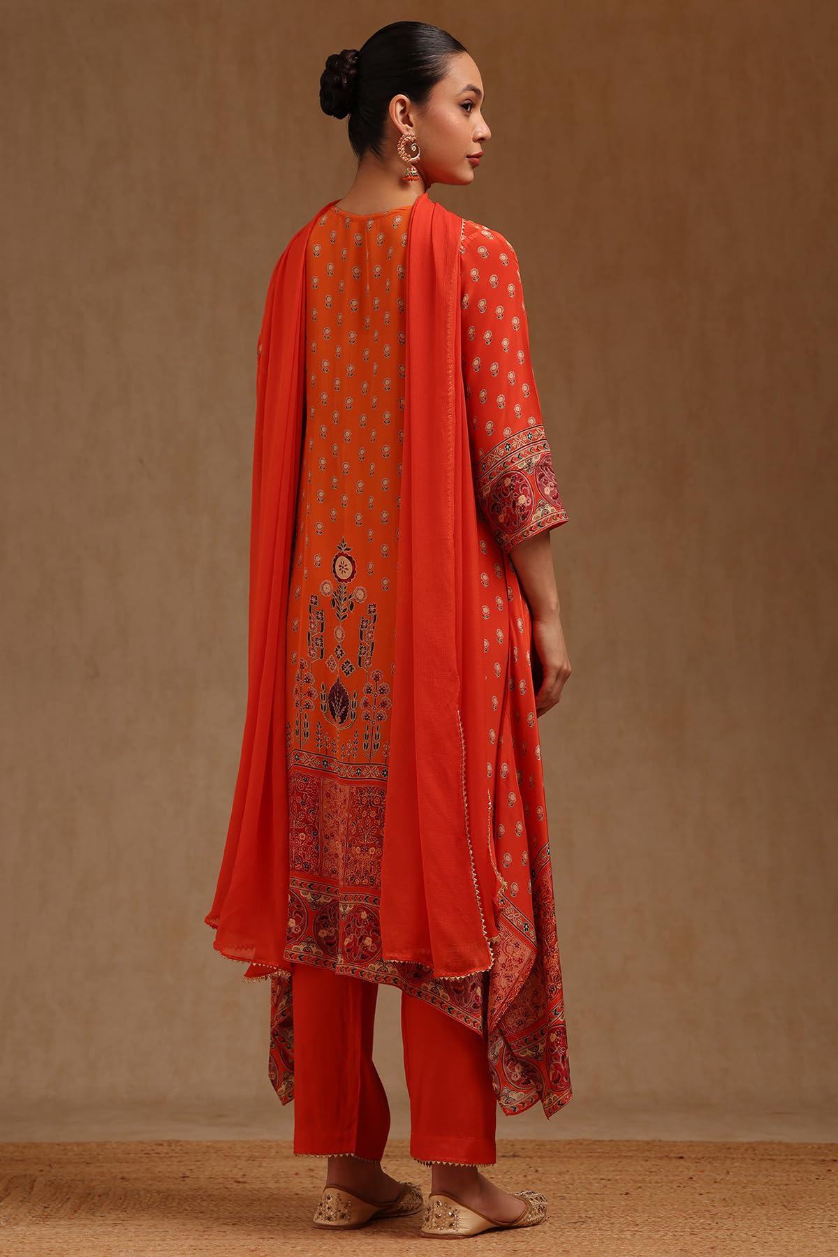 Soch Womens Orange Crepe Floral Print Suit Set With Sequins